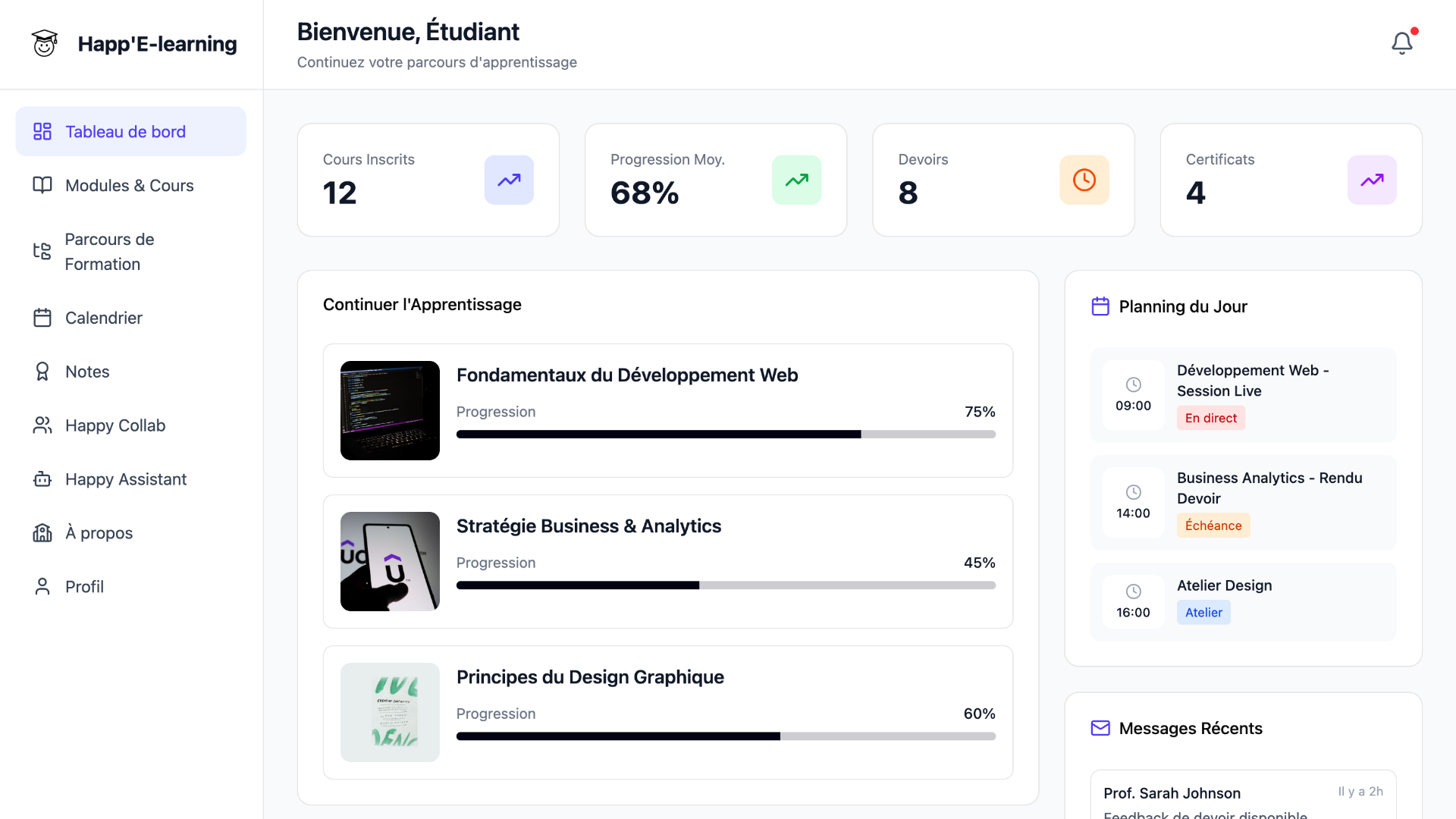 Maquette dashboard étudiant Happ'E-Learning