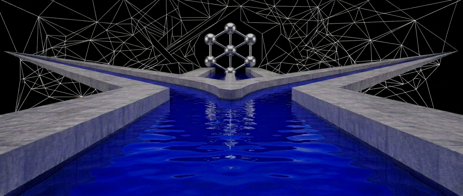 Deux flux d'eau bordés de chemins bétonnés convergeant vers un horizon commun.