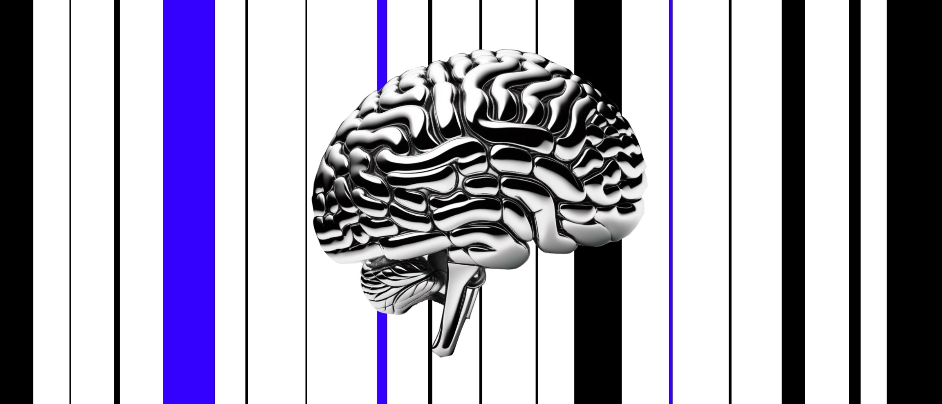 Cerveau chromé sur fond de barres verticales noires, blanches et bleues.