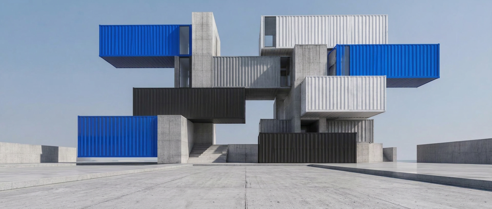 Containers métalliques empilés en architecture modulaire — métaphore de la construction d'un parcours.